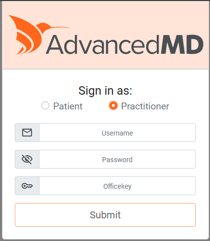 AdvancedMD sign-in form with Practitioner selected