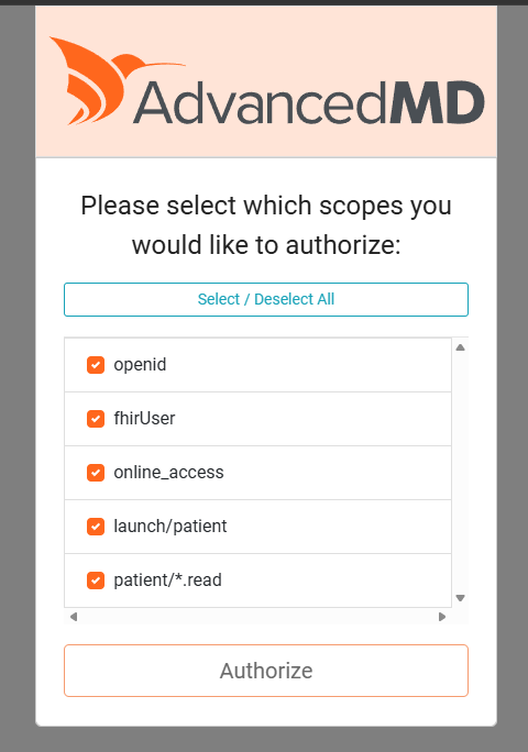 AdvancedMD screen asking which scopes to authorize